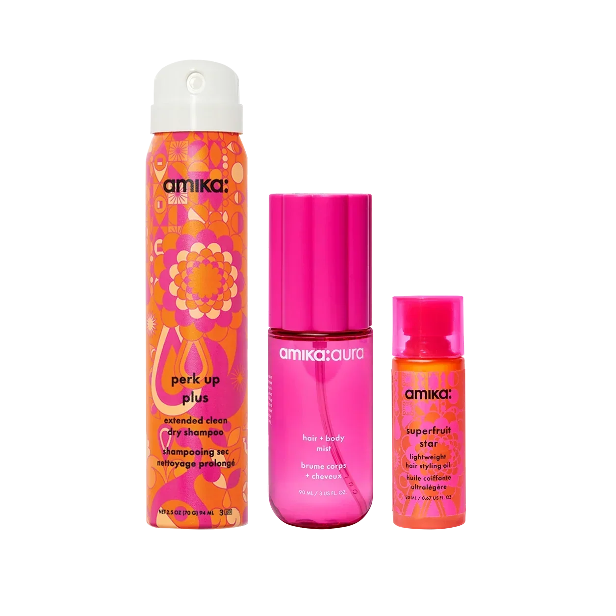 refresh, prep + mist set amika:aura hair + body mist, perk up plus dry shampoo, superfruit star styling oil